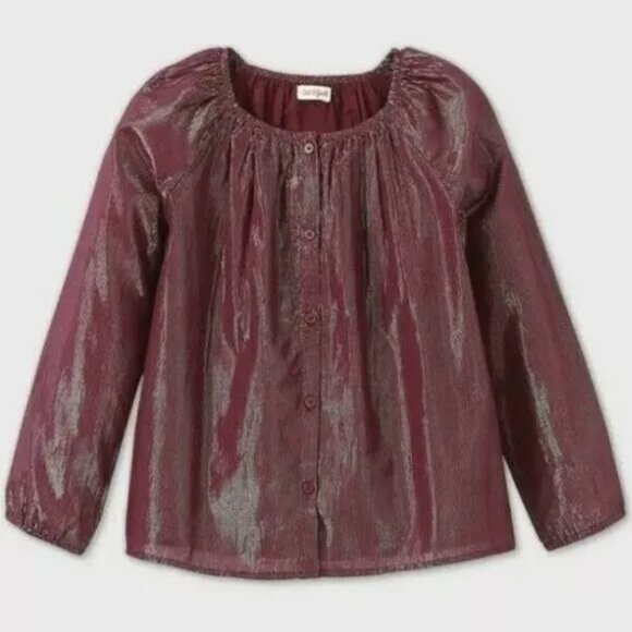 Cat & Jack Girls Burgundy Long Sleeve Button-Front Shine Blouse V-ARIOUS SIZES - Picture 5 of 5